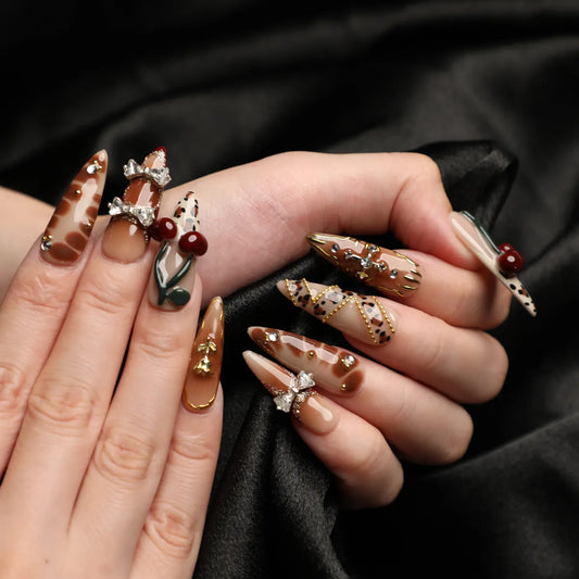 Cherry Mocha Stiletto Medium Length Nail Set