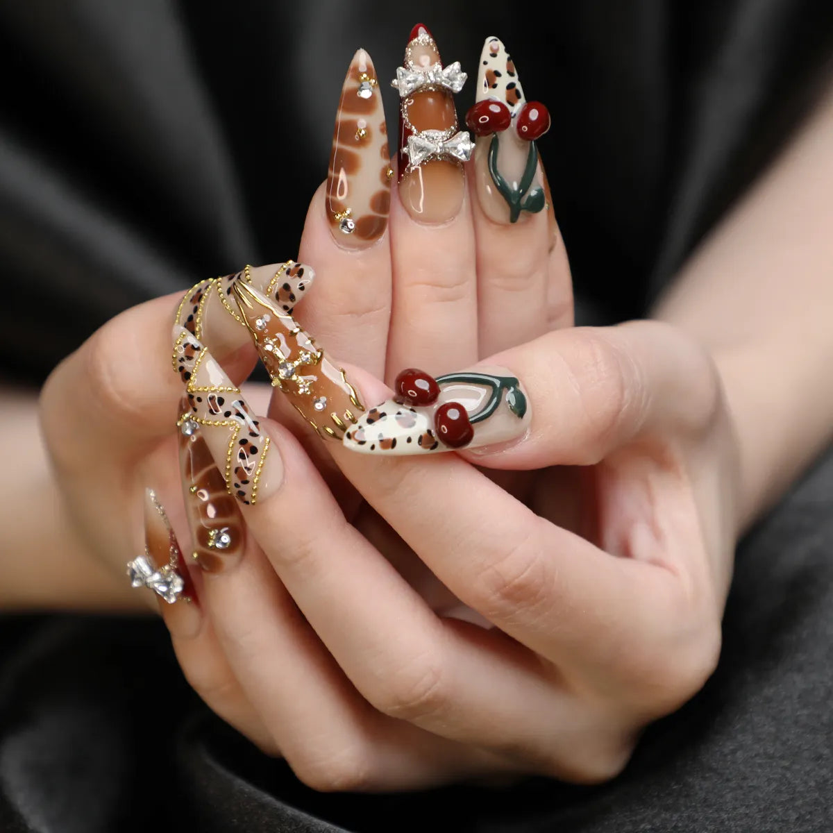 Cherry Mocha Stiletto Medium Length Nail Set