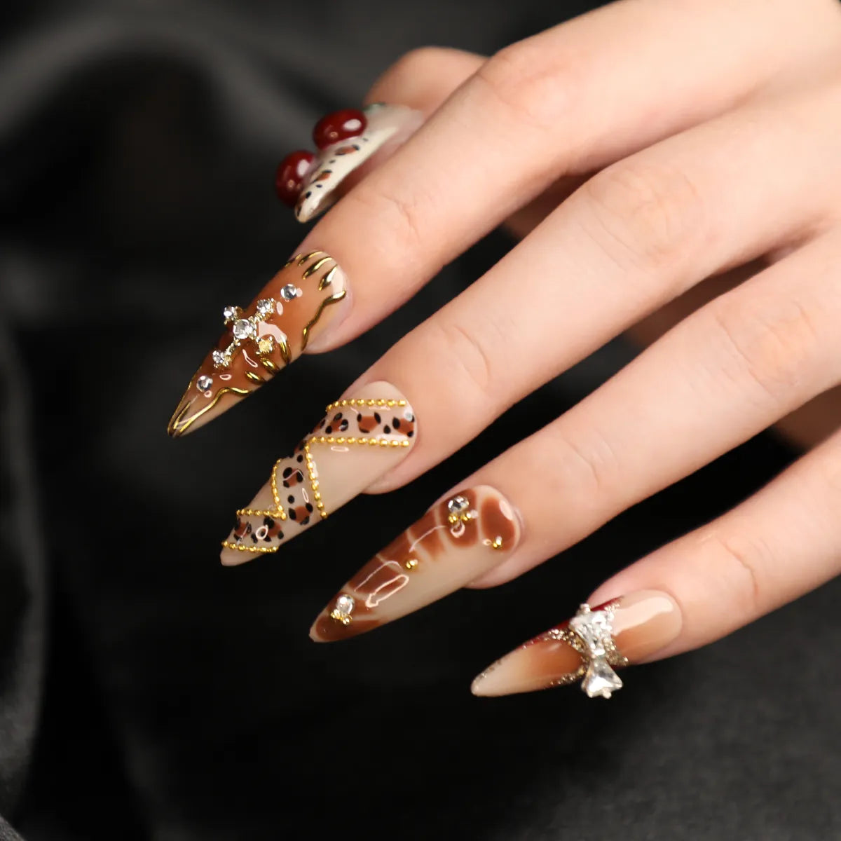 Cherry Mocha Stiletto Medium Length Nail Set
