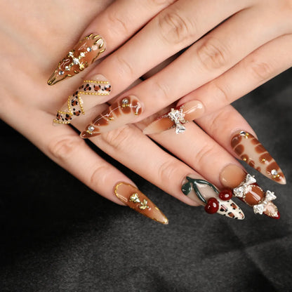 Cherry Mocha Stiletto Medium Length Nail Set
