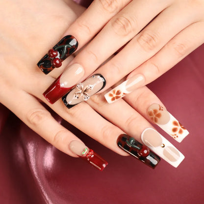 whole design look of cherry mocha square nails 
