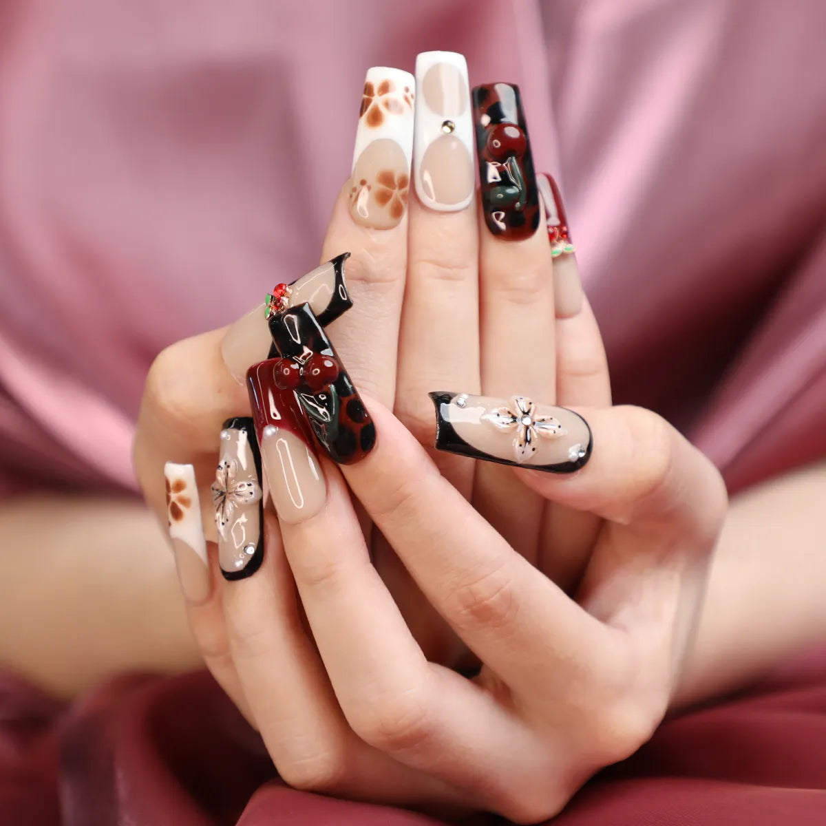 model wearing cherry mocha square nails that made by acrylic 