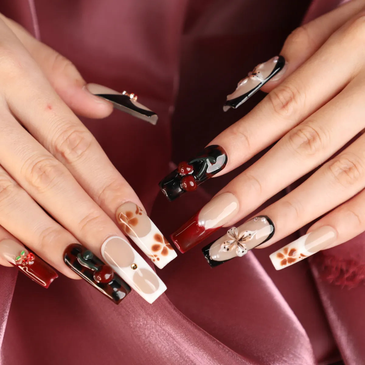 final wearing result of cherry mocha square acrylic nails  