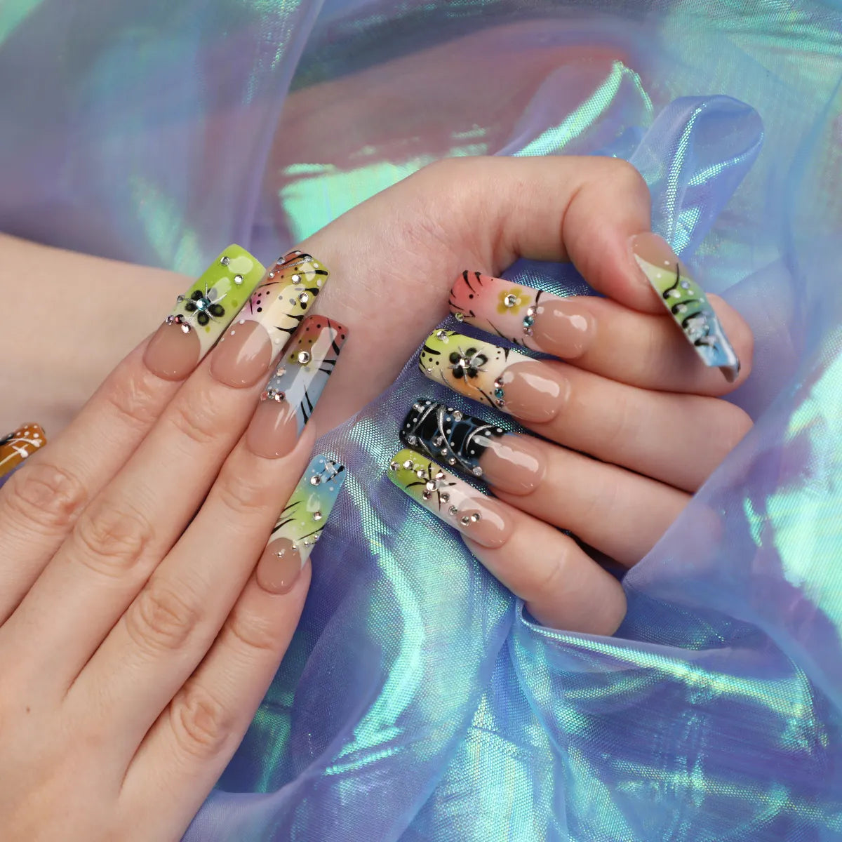 model showcases clear bliss set that's acrylic and reusable press on nail