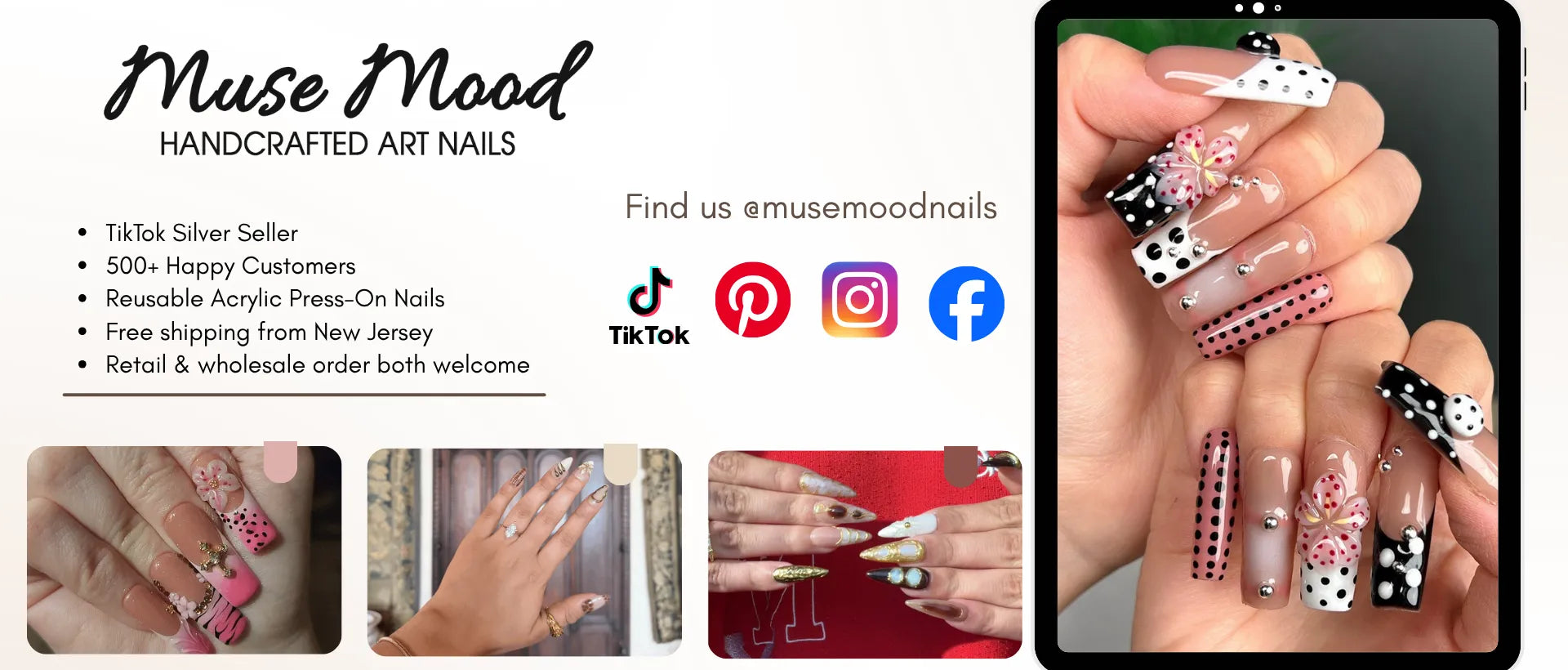 Muse Mood Nails handmade acrylic press-on nails and customer social proof