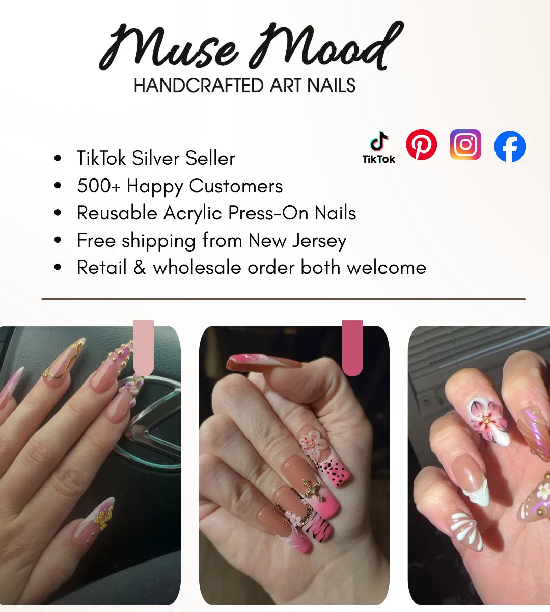 Muse Mood Nails handmade acrylic press-on nails and customer social proof