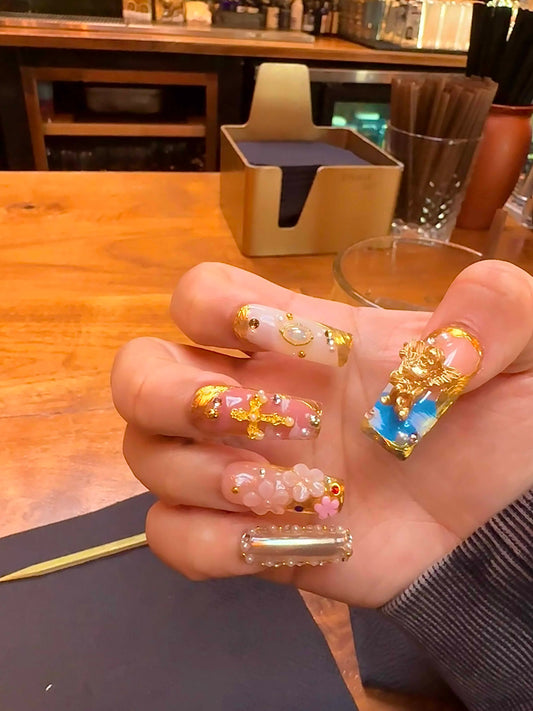 Faux ongles carrés à presser en acrylique faits main de luxe Baroque Bloom