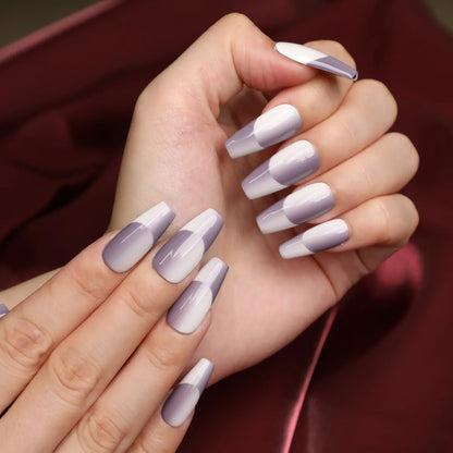 Lavender coffin acrylic press-on nails with a glossy color block design