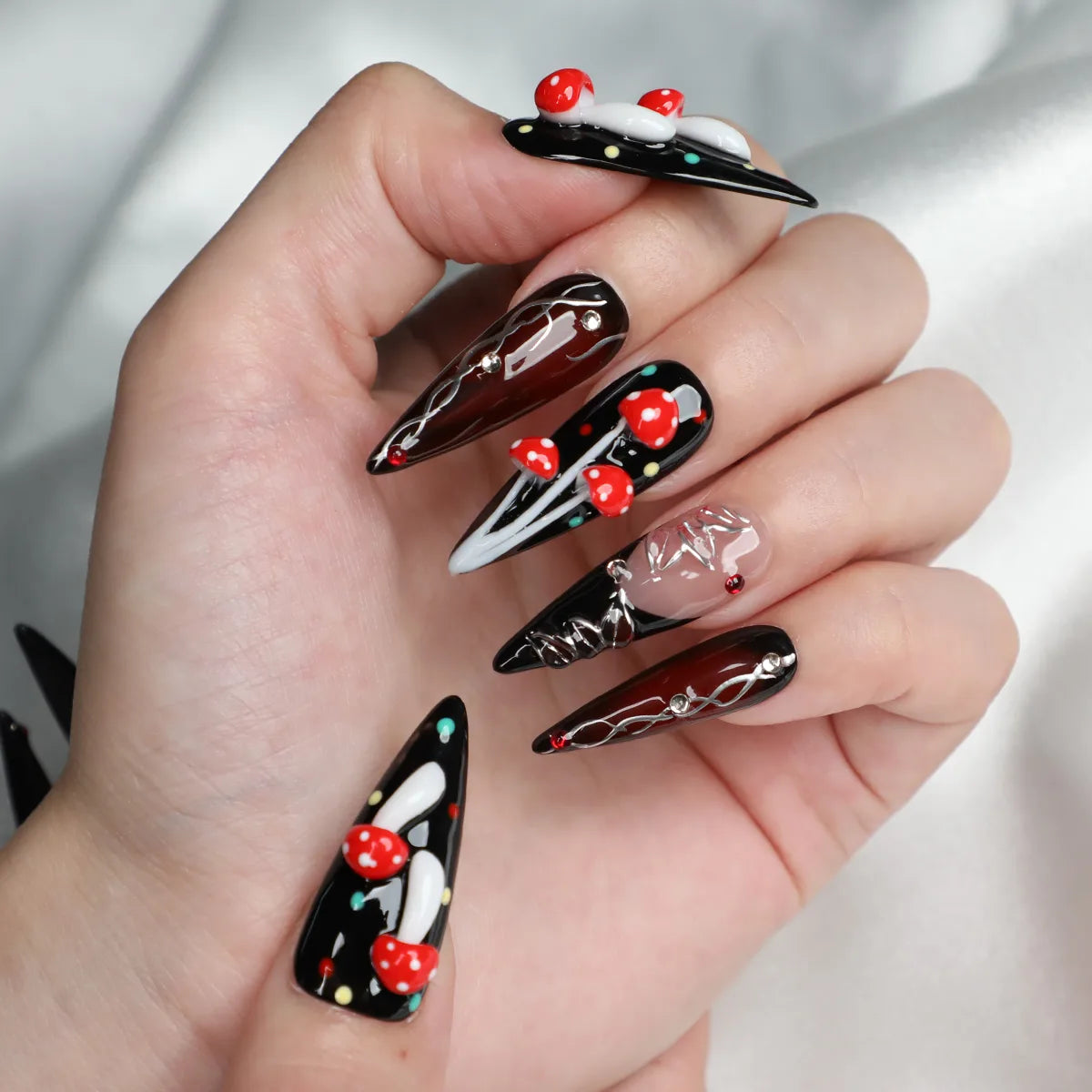 whole set of 3d crafted mushroom stiletto nails from musemoodnails
