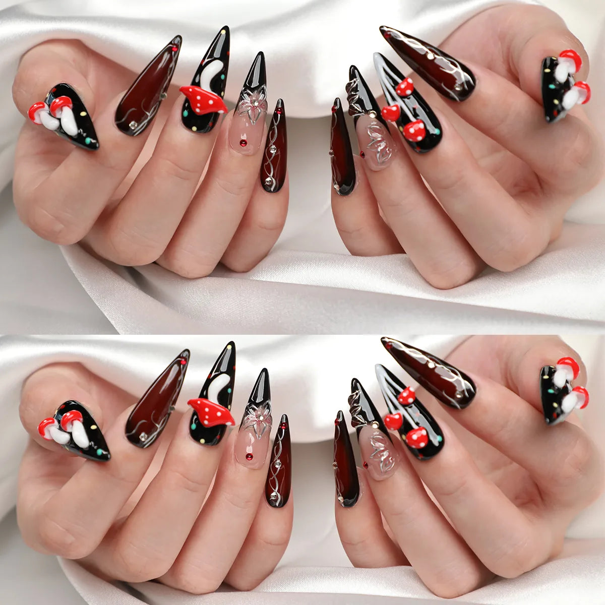 Fairy style mushroom stiletto acrylic press-on nails for Halloween