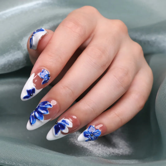 Handmade cobalt blue floral almond press-on nails
