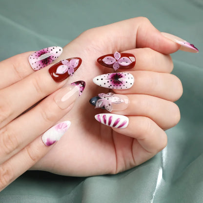 Berry Bloom pink floral medium almond handmade acrylic press-on nails