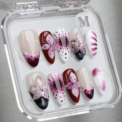Pinkish purple floral style almond handmade acrylic press-on nails in transparent box in size M.