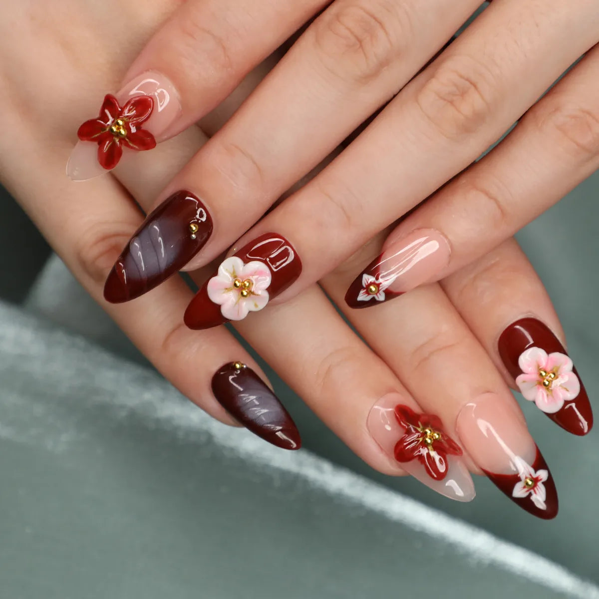 Burgundy Bloom Almond Acrylic Press-On Nails