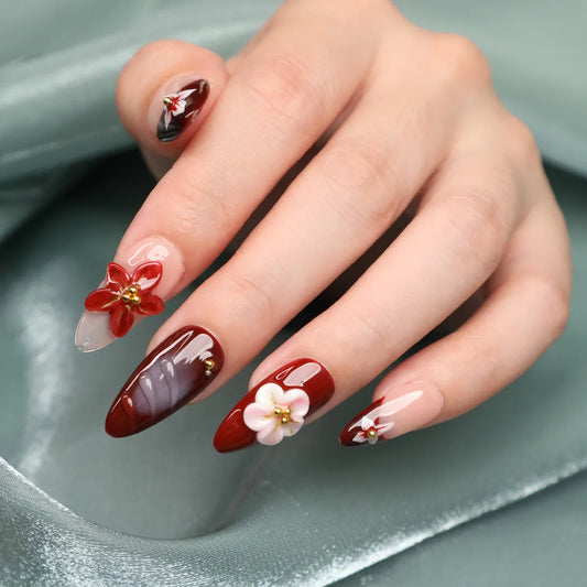 Burgundy Bloom Almond Acrylic Press-On Nails