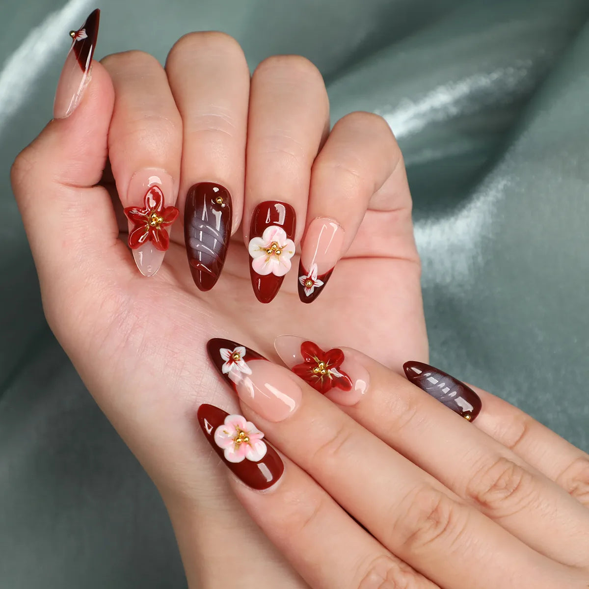 Burgundy Bloom Almond Acrylic Press-On Nails