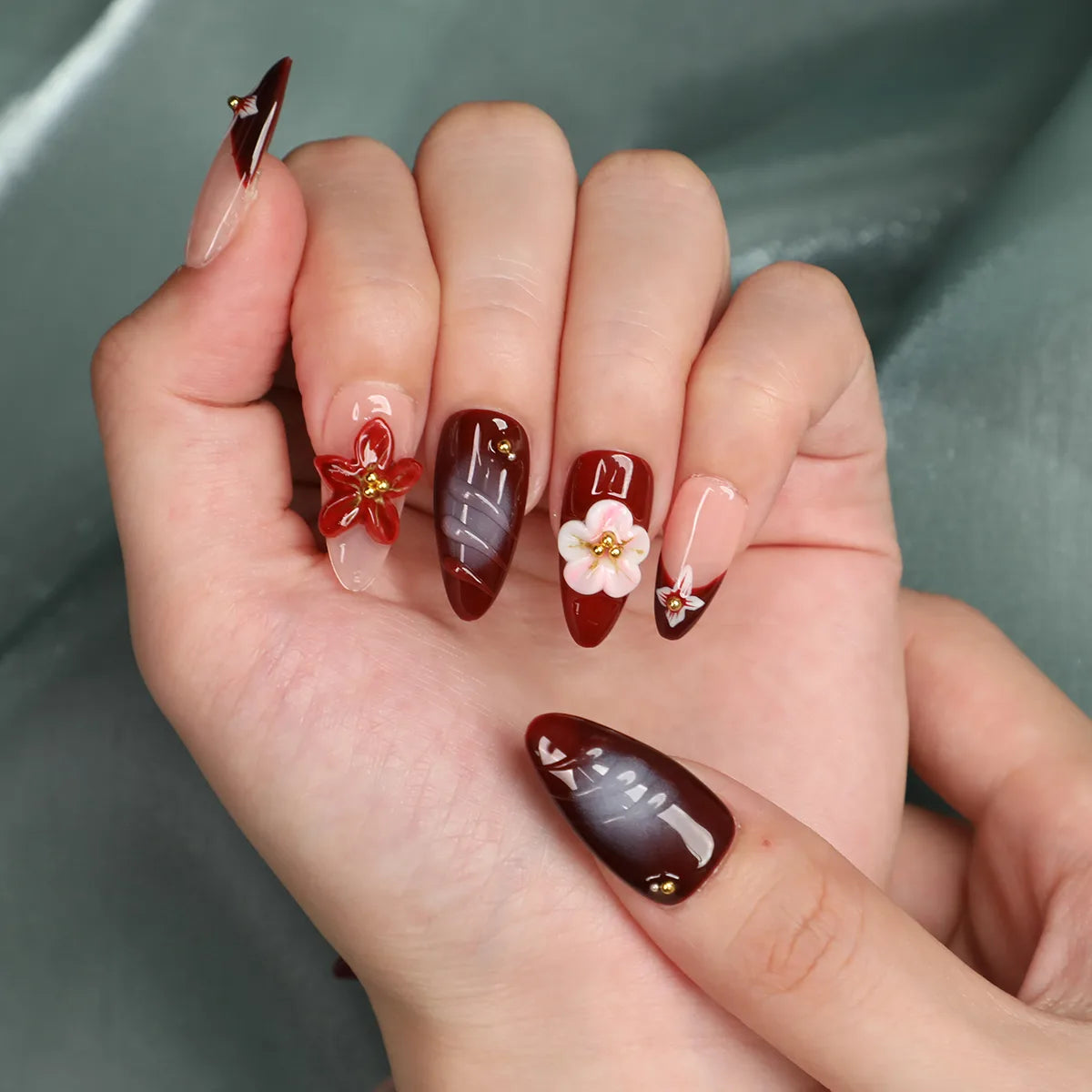 Burgundy Bloom Almond Acrylic Press-On Nails