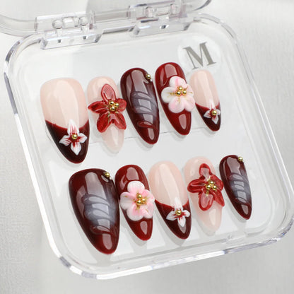 Burgundy Bloom Almond Acrylic Press-On Nails