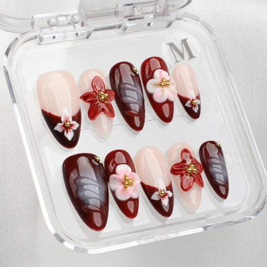 Burgundy Bloom Almond Acrylic Press-On Nails