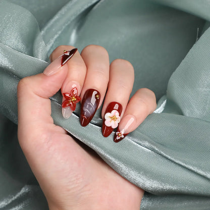 Burgundy Bloom Almond Acrylic Press-On Nails
