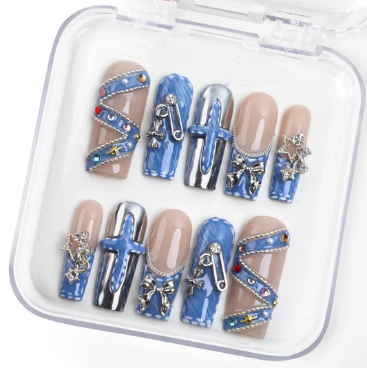 Denim Chrome Handmade Press On Nails