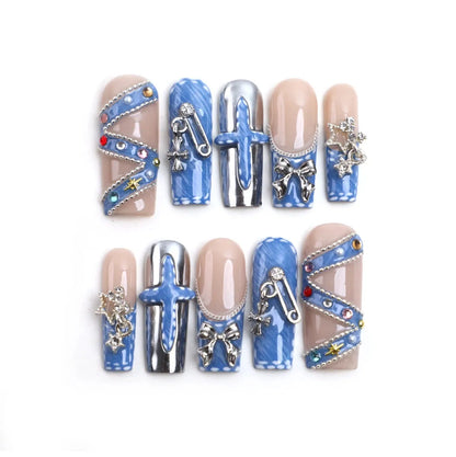Denim Chrome Handmade Press On Nails