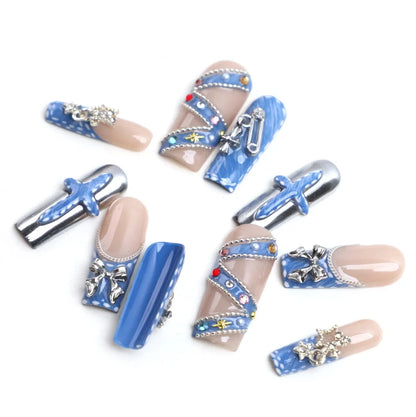 Denim Chrome Handmade Press On Nails
