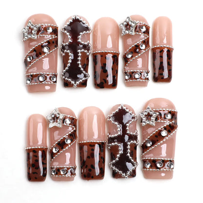 Faux ongles à presser en acrylique carré imprimé léopard de luxe