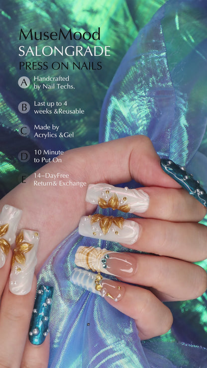 Mermaids Treasure Medium Length Square Shape Handmade Luxury Press On Nail Blue Set For Daily Wear Party Dinner