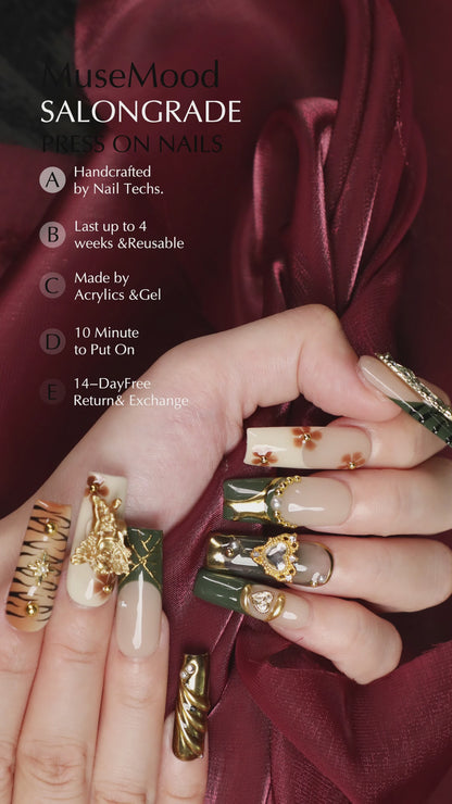 Angelic Stripe Handmade Square Shape Luxury Medium Length Green & Golden Press On Nail Set For Daily Wear Party Dinner
